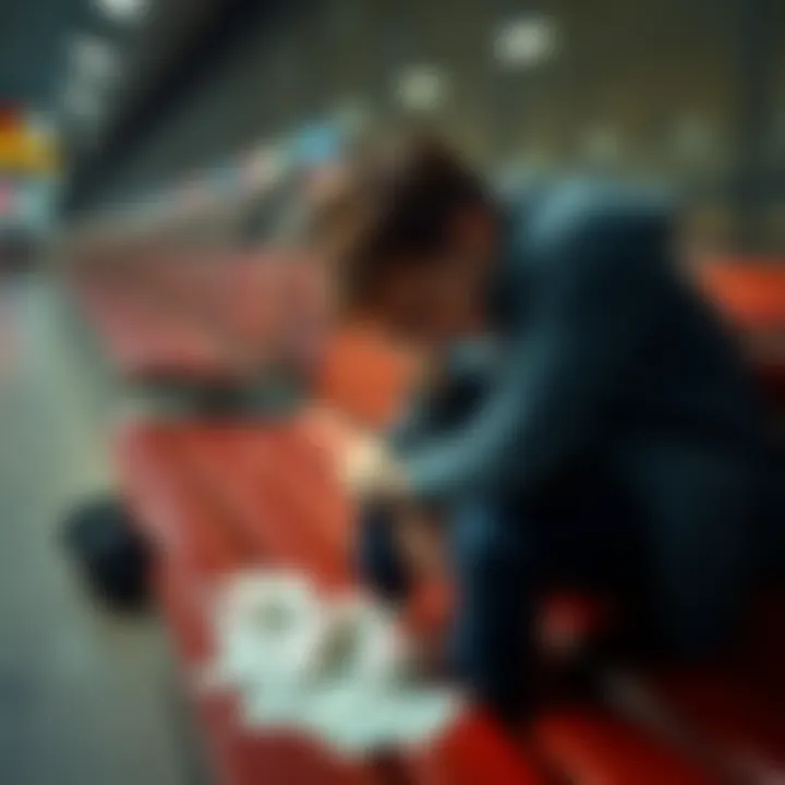 Young man looking distressed A 19-year-old man sitting on a bench with his head down, showing signs of stress and worry, surrounded by empty betting slips and a mobile phone showing gambling apps.