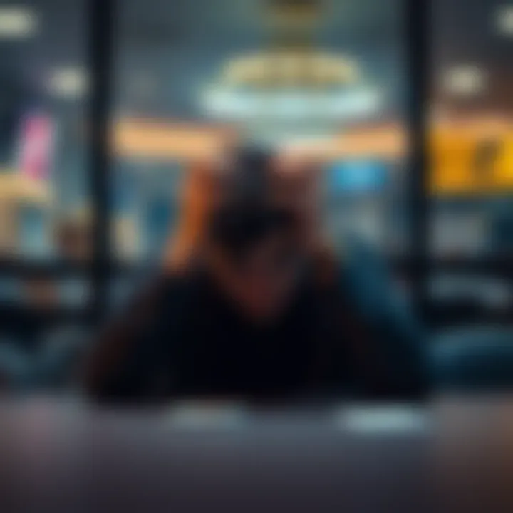 A young man sitting alone at a table with his head in his hands, showing signs of distress and loss from gambling addiction.