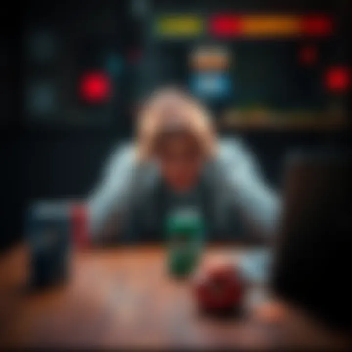 Young man looking distressed over gambling losses A 21-year-old man sits alone at a table, head in hands, showing signs of distress over his gambling addiction. Empty soda cans and a laptop are visible on the table, symbolizing his online gambling ex...