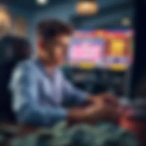 A young man sits at a computer, visibly upset, with casino graphics on the screen and money scattered around him.
