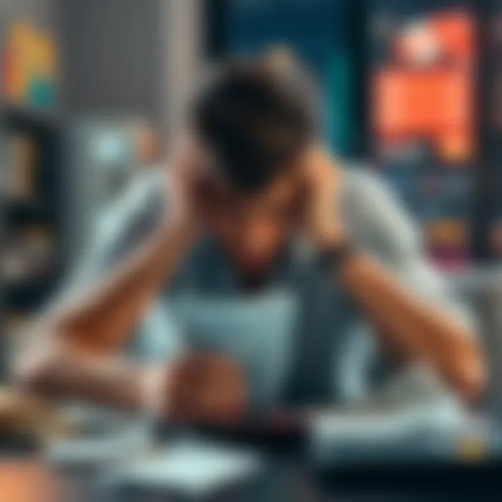 Young man looking worried about his finances A 26-year-old man sits at a table, head in hands, with bills and a calculator in front of him, showing signs of stress over gambling debt.