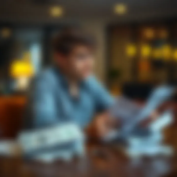 Young Man Seeking Financial Advice A 19-year-old man sits at a table, looking worried while reviewing his bills and financial documents. He appears deep in thought about his gambling losses and future financial stability.