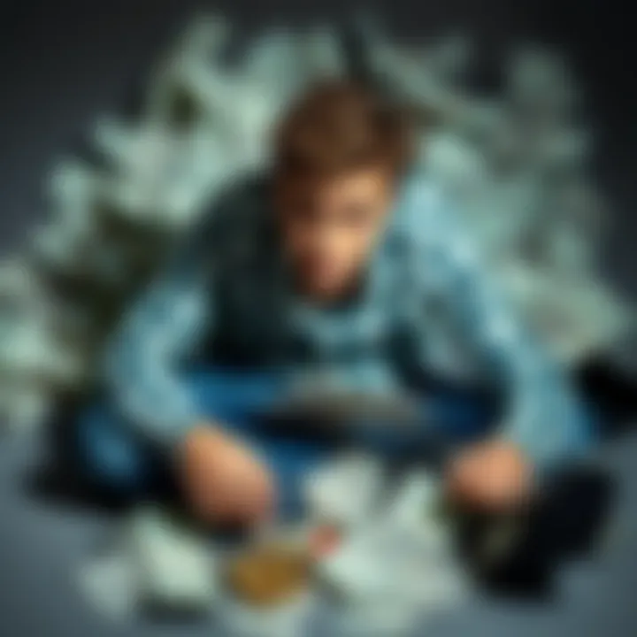 Young man sitting on the floor with bills and credit cards around him A 27-year-old man looks distressed while surrounded by unpaid bills and maxed credit cards, symbolizing financial crisis due to gambling addiction.