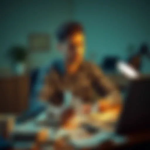 A 25-year-old man looking stressed while sitting at his desk filled with bills and a laptop, reflecting on his financial struggles.