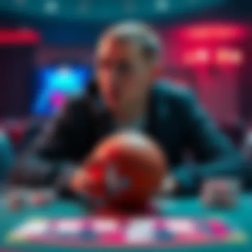 A young man with a distressed expression sits at a table with gambling cards and a basketball, reflecting his emotional struggle after losing money to gambling.