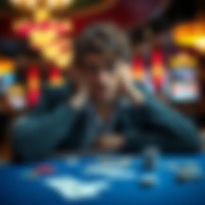 A young man looks stressed and sad while sitting at a gambling table, holding his head in his hands, reflecting on his recent losses.