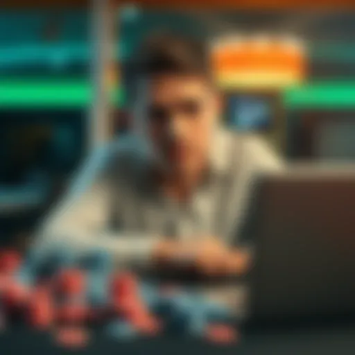 A 25-year-old man sits at a table surrounded by empty poker chips and a laptop, looking stressed and contemplative about his gambling losses.