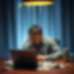 A 25-year-old man sits alone at a table with bills and a laptop, looking frustrated and contemplative about his gambling addiction and financial struggles.