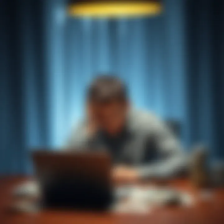 A 25-year-old man sits alone at a table with bills and a laptop, looking frustrated and contemplative about his gambling addiction and financial struggles.