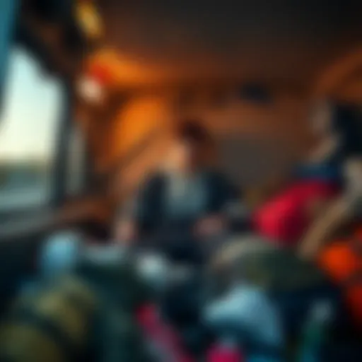 A young man sits in a van with a blank expression, surrounded by personal belongings, reflecting a life of hardship and struggle.