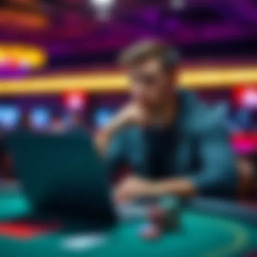 A 23-year-old man sits at a poker table, deep in thought about his career choices between software engineering and professional poker. He has a laptop open with poker strategy software visible.