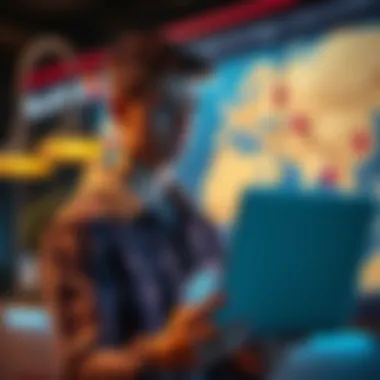 An 18-year-old man holding a laptop and looking at a map, contemplating moving abroad for online poker