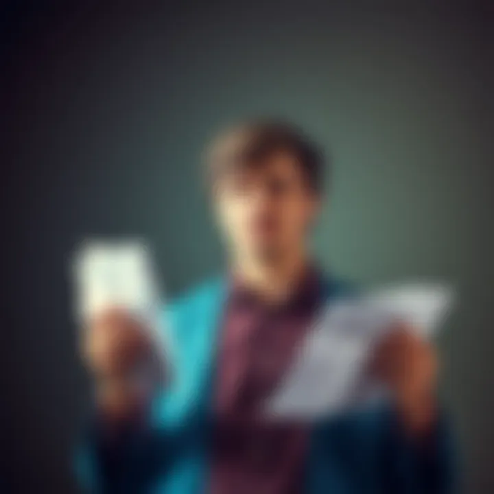 BCom graduate looking worried while holding papers, symbolizing financial struggles and debt