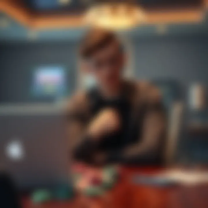 A young man sitting at a table, looking stressed while surrounded by gambling chips and a laptop, contemplating his next move after losing money.