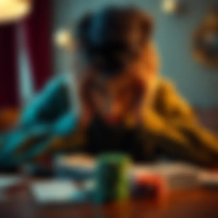 A young man sits at a table with his head in his hands, surrounded by unpaid bills and a gambling chip, showing signs of stress and despair over his situation.