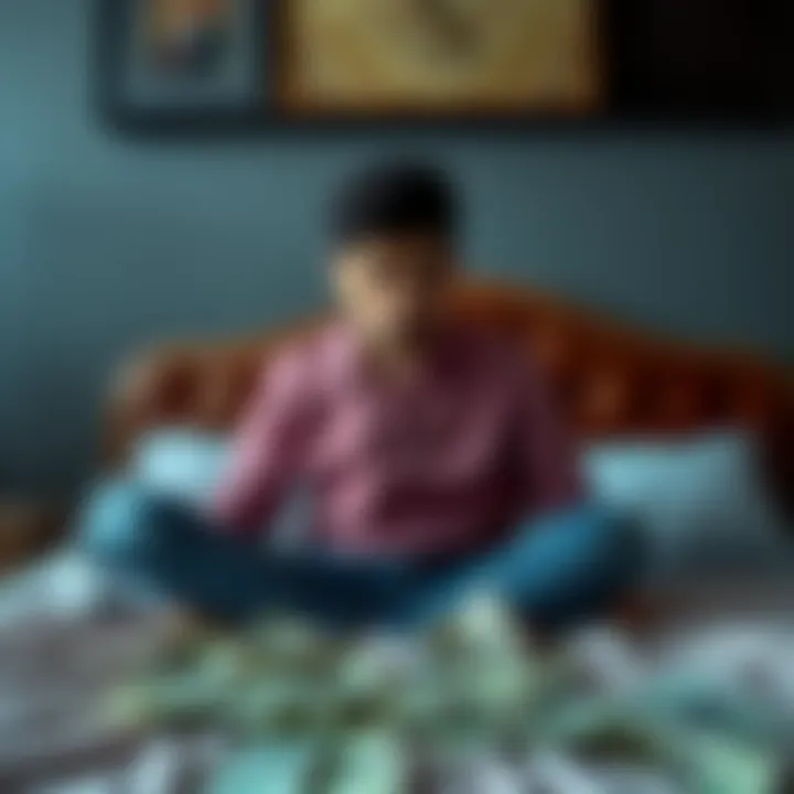 A 28-year-old man appears anxious while sitting on his bed, with bills scattered around him, expressing feelings of despair and struggle with gambling addiction.