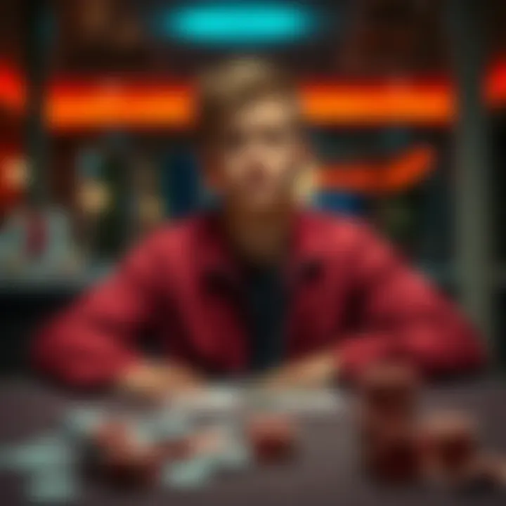 Young man sitting alone with a worried expression A 19-year-old man looks distressed while sitting at a table with gambling chips and cards scattered around, reflecting on his struggles with gambling addiction.