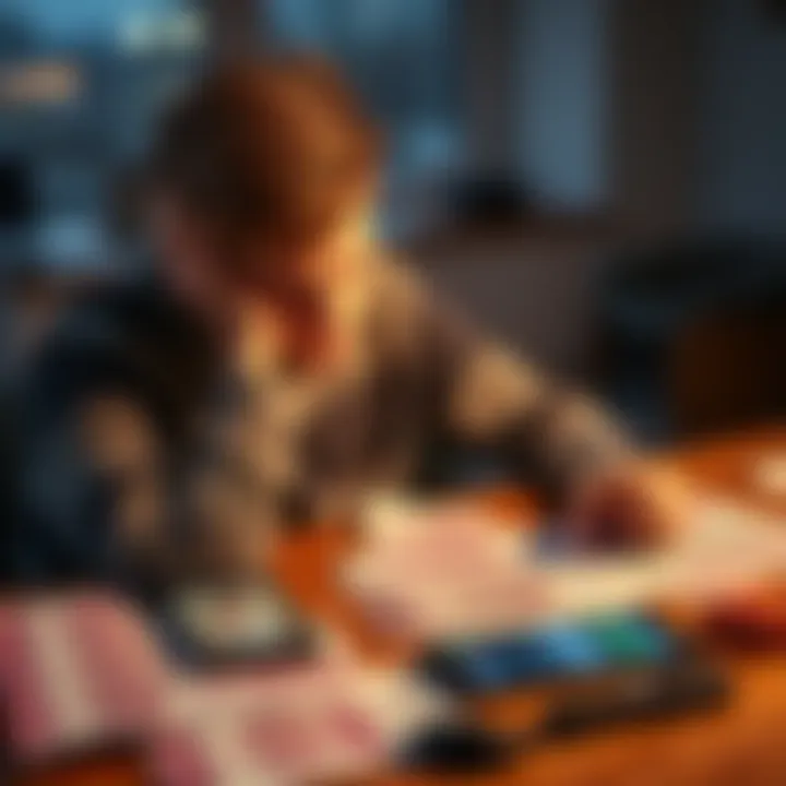 A 22-year-old sitting at a table with their head in their hands, surrounded by betting slips and a smartphone showing sports scores, reflecting on their $6,000 loss during World Cup betting.