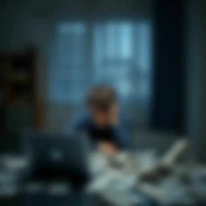 Young person sitting alone with bills A 24-year-old looks stressed while sitting at a table covered with bills and a laptop, reflecting on financial struggles.