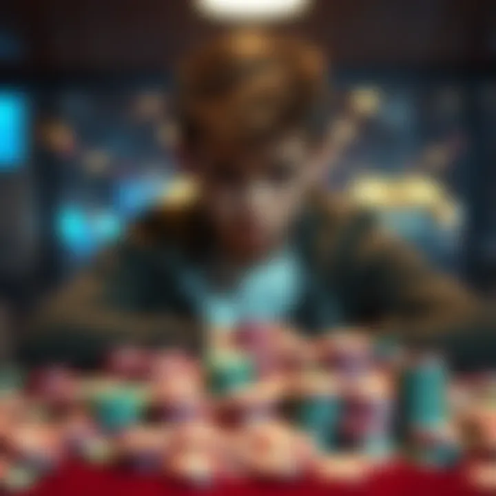 A 26-year-old looking stressed and overwhelmed while sitting at a table filled with empty poker chips, symbolizing the struggles of gambling addiction.