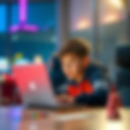 A young person sitting at a desk with a laptop, looking at online gambling sites, with a focused expression.