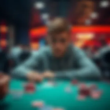 An 18-year-old novice sitting at a poker table looking concerned after losing money, chips scattered on the table