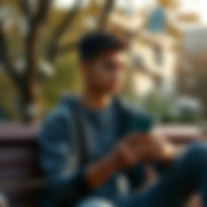 Young person reflecting on life choices A young adult sitting in a park, looking thoughtfully at a gambling card while dollar bills float around, symbolizing the conflict between money and life enjoyment.