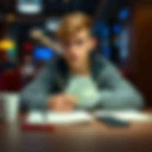 An 18-year-old sitting at a table with €1000, looking thoughtful and conflicted about gambling, seeking guidance, with a notebook and a phone beside them.