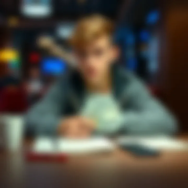 An 18-year-old sitting at a table with €1000, looking thoughtful and conflicted about gambling, seeking guidance, with a notebook and a phone beside them.