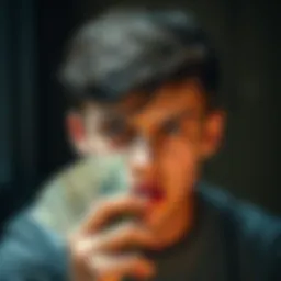 A 22-year-old looking concerned while holding a stack of bills and a poker chip, reflecting on their gambling debt.