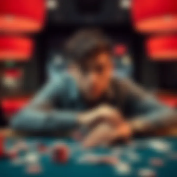 Young poker dealer contemplating his future A young man in his twenties, looking pensive and sad, sits at a poker table with scattered chips and cards, symbolizing his struggle with gambling addiction.