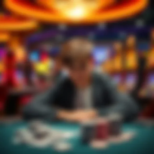 A 19-year-old poker player sitting at a casino table looking frustrated, surrounded by poker chips and slot machines, reflecting on gambling struggles.