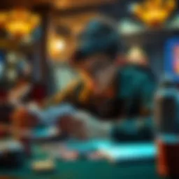 A teenager focused on poker strategy books and playing cards at a table, aiming to improve skills for professional play.