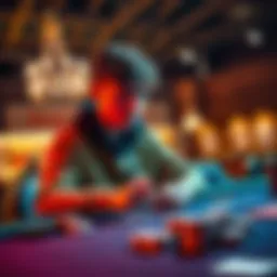 A 24-year-old poker player studying cards and chips at a poker table, looking focused and determined.