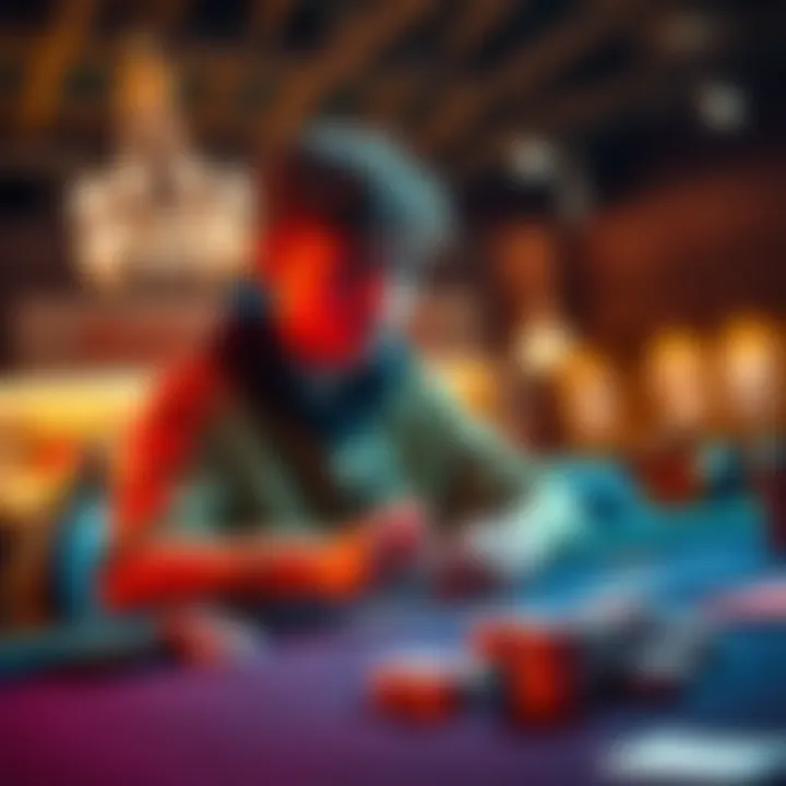 A 24-year-old poker player studying cards and chips at a poker table, looking focused and determined.