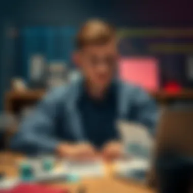 A 21-year-old man looks worried while sitting at a desk with bills and a laptop, reflecting on his struggles with debt and gambling.