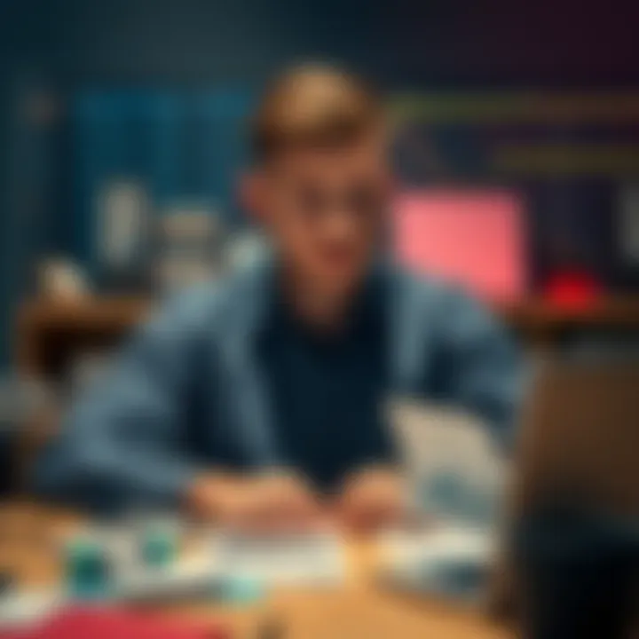 A 21-year-old man looks worried while sitting at a desk with bills and a laptop, reflecting on his struggles with debt and gambling.