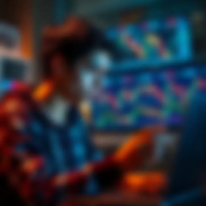 A 21-year-old college student studying cryptocurrency charts on a laptop, showing concern on their face while considering financial decisions.