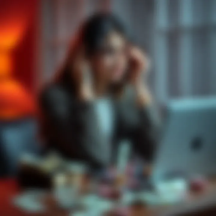 Young woman sitting with her head in her hands A young woman looking distressed while sitting at a table, with a laptop and bills scattered around, symbolizing her gambling struggles and debt