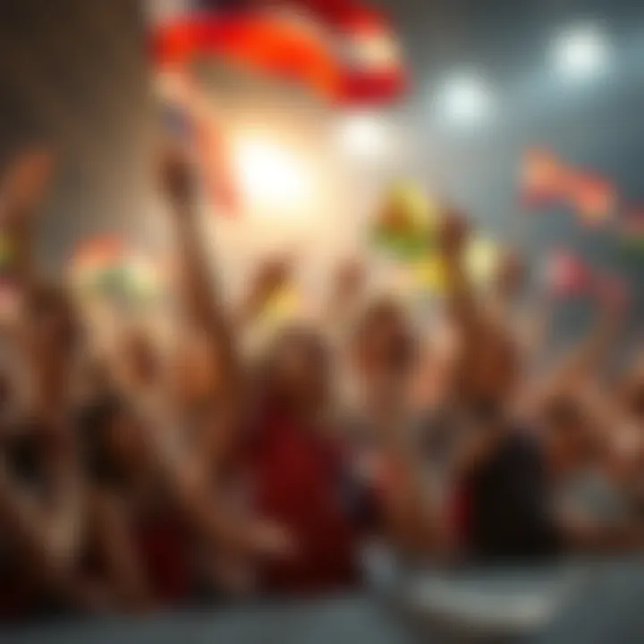 A group of young fans cheering and waving flags in excitement during a sports event.