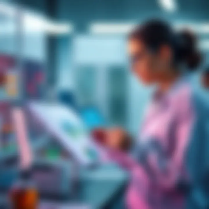 A researcher analyzing data charts related to Zesty MNF research findings in a modern lab setting.