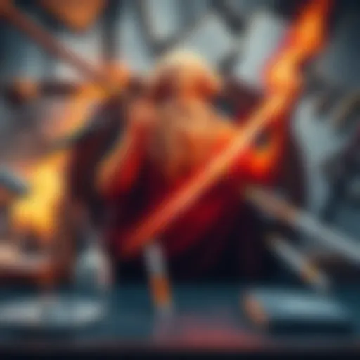 A contemporary depiction of Zeus, showing him with a thunderbolt, surrounded by symbols of modern culture such as books and art tools.