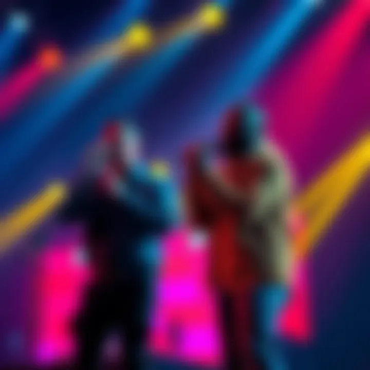 Zion & Lennox singing on stage with colorful lights